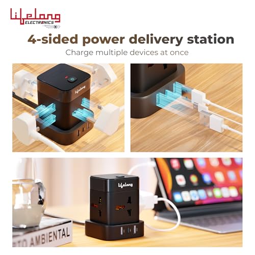 Image of Lifelong Electronics Extension Board 7-in-1 with Switch | 4 AC Sockets + 3 USB Ports (2 Type A + 1 Type C) | Overload Protection | Desk Accessories & Multiplug Gadget | 2M Cord (Model: Cube)