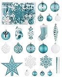 SOLEDI® 128er Set Premium Weihnachtskugeln Kunststoff Blau Weiß mit Baumspitze Stern - Robuste und Sichere Christbaumschmuck Set mit Aufhängen - Christbaumkugeln Bunt, Mehrweg Weihnachtsdeko