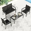 Garvee 4 Piece Patio Bistro Furniture Set, Outdoor Conversation Set with 3 Chairs, Loveseat & Glass Coffee Table, All-Weather Textilene Fabric & Steel Frame for Backyard, Poolside, Porch, Lawn - Black