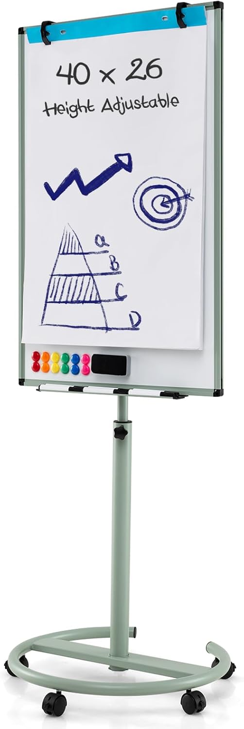 S AFSTAR Mobile White Board Dry Erase, 40x26 Rolling Magnetic Whiteboard W/Adjustable Stand, Dry Eraser, 2 Flipchart Hooks, 25 Sheets Paper Pad, 6 Markers, Standing Portable White Board(Green)