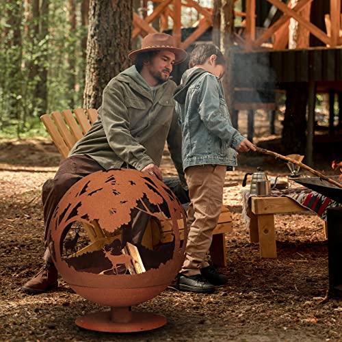 Oxidised Fire Globe Family Stove Fire Pits Bonfire With Natural Rusted Stand,20 Inch Metal Outdoor Heater Patio Heater For Wood Burning With Laser Cut Design(Forest Elk) #TOP4