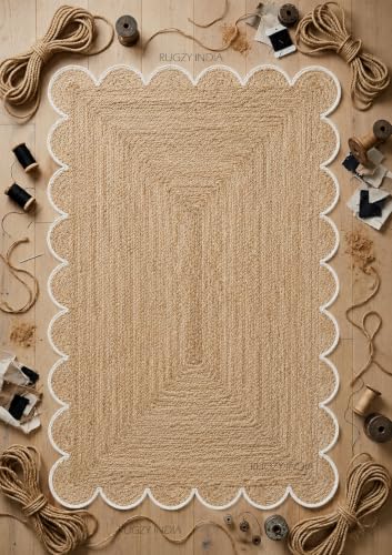Scalloped Natural Jute Area Rug 5x7 Ft, Handwoven Braided Natural Fiber Rug with Off White Border, Indoor Rug for Living Room, Bedroom, Dining Room, Entryway, Farmhouse Boho Decor