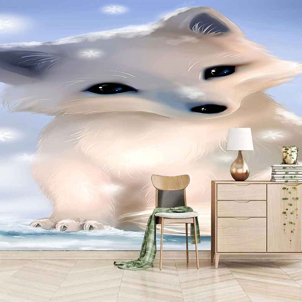 Papier peint photo 3D renard blanc 200x140 cm poster mural trompe l'oeil moderne