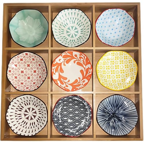 陶器小皿セット 前菜皿 9点セット スナック皿 Kisigim 仕切り竹製トレー付 小鉢 おかずや醤油などを入れ 調味料皿 和食器 焼肉店、寿司店用 (A)