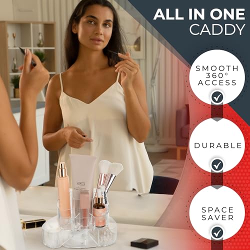 Image of Masirs 360-Degree Rotating Makeup Organizer - Small Acrylic Cosmetic Storage Caddy with 5 Compartments, Mini Lazy Susan Vanity Organizer for Bathroom Counter, Skincare, Perfume, Brushes, Clear