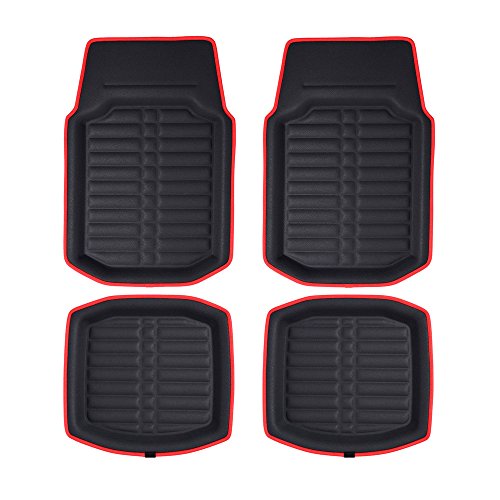 Image of FH Group Automotive Floor Mats - PU Leather Floor Mats, Deep Dish Design, Floor Mats for Cars, Universal Fit Floor Mats Full Set, Floor Mats For Most Sedan, SUV, Truck Floor Mats Red Black
