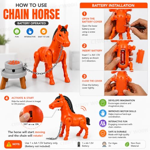Image of Walking Chain Horse Toy for Kids | Battery Powered Interactive Horse Figure Playset with Rotating Chain Action | DIY Assembly Fun Educational Toy for Boys & Girls Age 3+