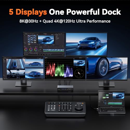 Image of TobenONE Docking Station 5 Monitors, Cooling Fan, 8K+Quad 4K@120Hz Display | Single 8K, 45W Fast Charging, 2.5GbE, SD /MicroSD4.0, DisplayLink Dock for Thunderbolt MacBook Windows, Driver Required DL7400