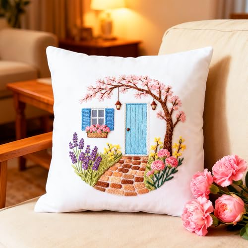 Image of BEUNITONE 6 Set Flowers Embroidery Kit for Beginners Vintage Garden Scene Pre-Stamped Pattern, Needlepoint Kits for Adults Beginners, DIY Handmade Embroidery for Home Decor and Gifts 20x20cm
