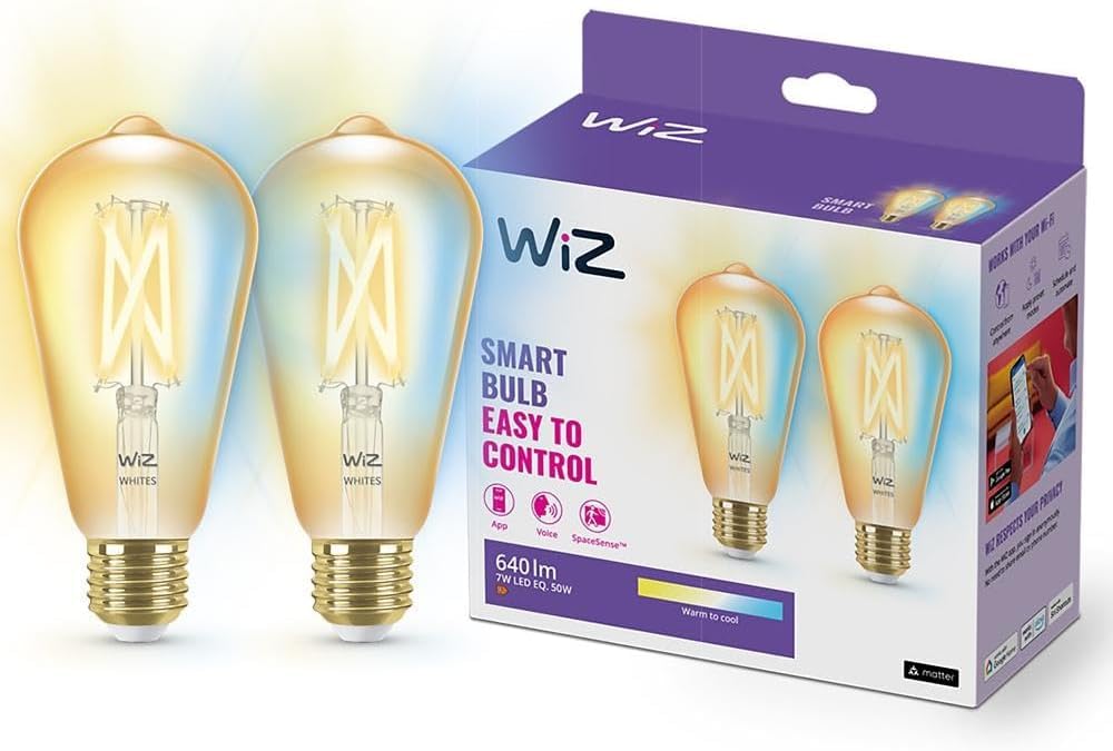 WiZ Lampadina Smart WiFi, Luce Bianca da Calda a Fredda Dimmerabile, Filament Ambrata, E27, 2 PezziI, 6.5W, Tecnologia SpaceSense, Controllo Vocale (Alexa, Apple HomeKit, Google Home)