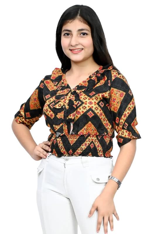 ORIEX THE ORIGINAL FASHION Girls/Women Digital Print V-Neck Half Sleeves Crop top-114-BLACK-15-16 Years 2