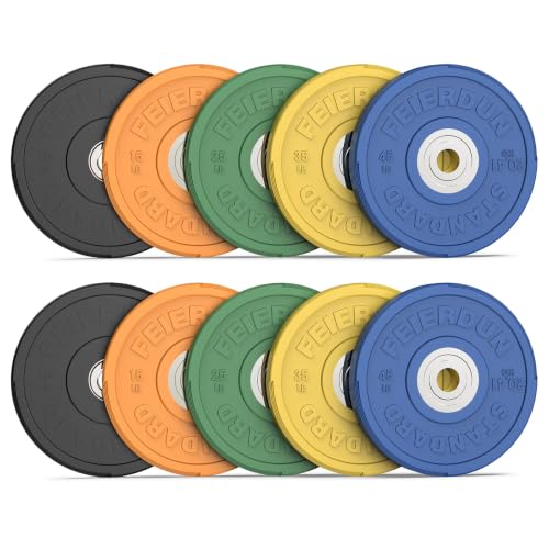 Image of FEIERDUN Color Bumper Plate Set, 2-Inch Olympic Weight Plates, Low Bounce Rubber Barbell Plates with Stainless Steel Insert for Weightlifting, Strength Training, CrossFit & Home Gym, 10LB-370LB
