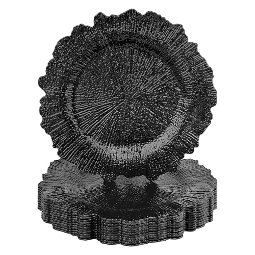 osgevei 12PCS 13in Black Charger Plates Bulk- Round Plastic Chargers for Dinner Plates- Floral Reef Table Plate Chargers for Wedding Halloween Thanksgiving Christmas Party Display
