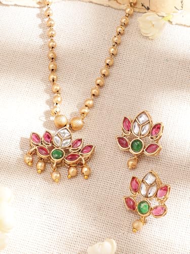 Image of Rubans Necklace Set Gold Plated Traditional Stylish Floral Theme Jewellery Gift for Women & Girls