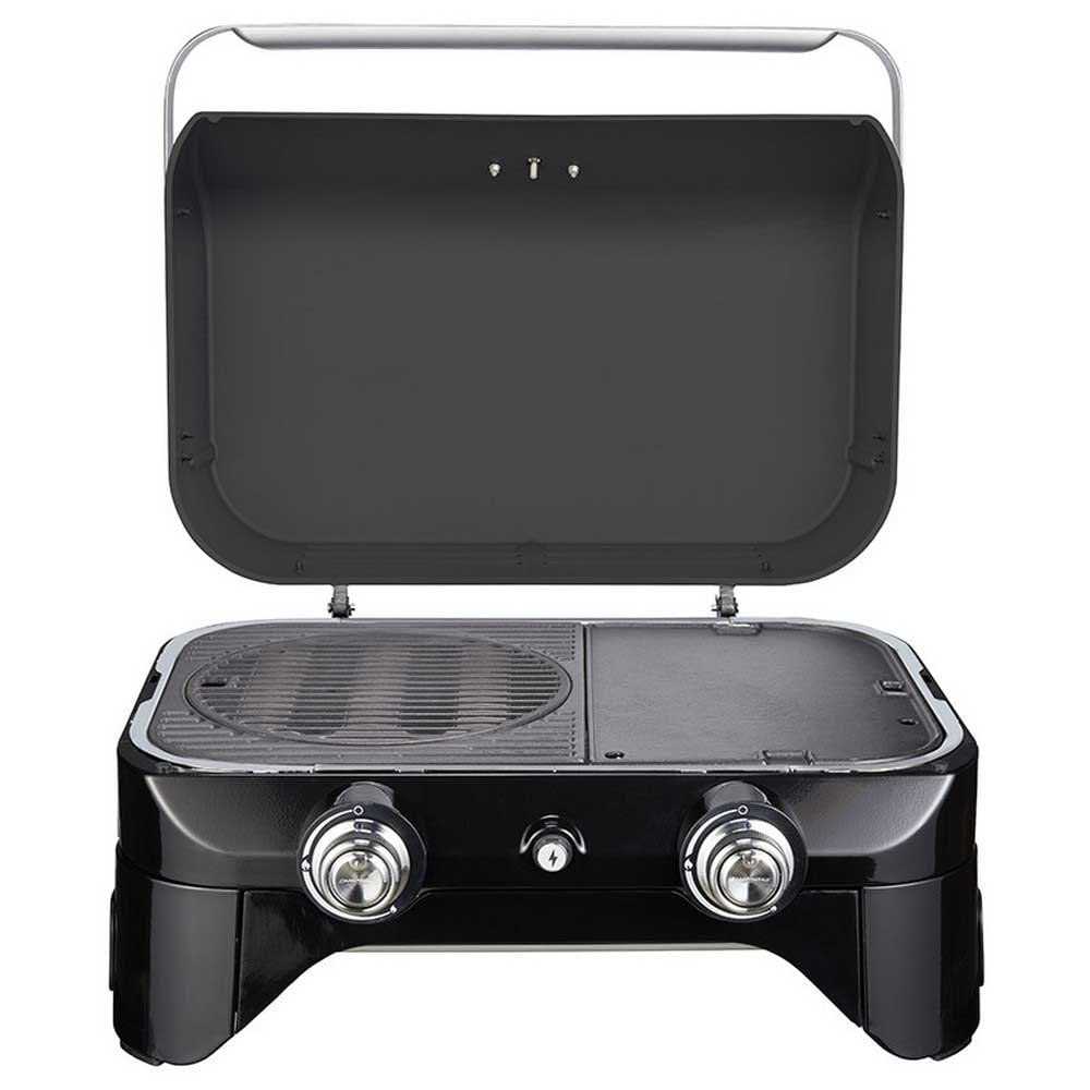 CAMPINGAZ Attitude 2100 LX Barbacoa de gas, barbacoa de mesa portátil con 2 quemadores de acero, 5 kW de potencia, para camping con tapa, termómetro y parrilla de hierro fundido, 2000038741