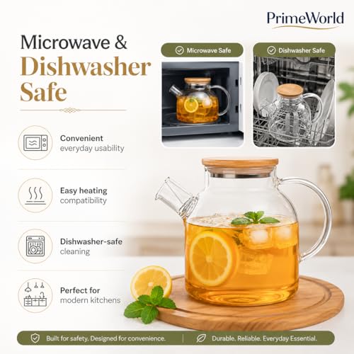 Image of PrimeWorld 1pc 2 Litre Glass Water Jug Wooden Lid, Microwave Safe Glass Borosilicate Teapot with Strainer, Detox Water Bottle Jar for LooseLeaf Maker,Hot /Cold Drink,Iced Tea, Coffee,Juice,Milk