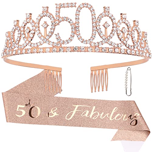 Semato 50th Birthday Decorations for Women Birthday Sash and Crown Kit- 50th Birthday Gifts for Women Party Favors (rose gold)