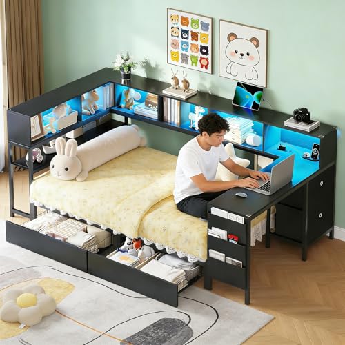 La Mejor Lista de Camas los 10 mejores. 47 MYXSRI Base de Cama Matrimonial, con Estación de Carga Y Luces RGB LED, Marco de Cama Esquinero con Escritorio, 2 Cajones de Almacenamiento, Bolsa de Almacenamiento (Negro,...