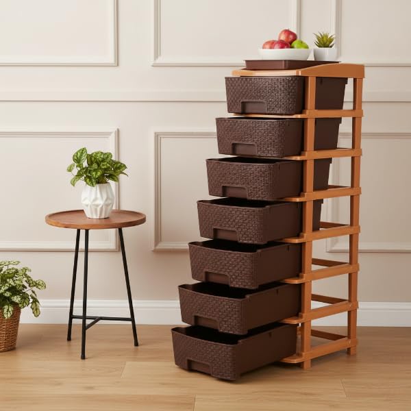 Smarttex™ Plastic Modular Drawer Storage Chest Of Drawers Organizer Storage Box, Large Stomo Racks For Multipurpose Anti-slip Shoes Organizers (Brown, 7 Layer) 1