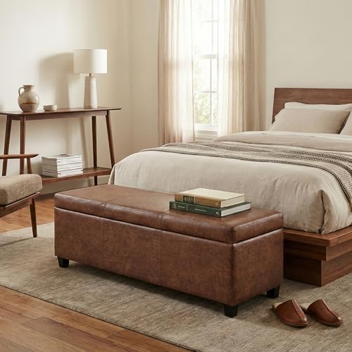 Image of SIMPLIHOME Avalon 48 inch Wide Vegan Leather Storage Ottoman in Saddle Brown