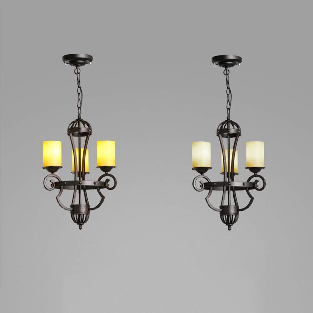 Retro Three-Head Candle Ceiling Lamp, American Classical Garden Wrought Iron Antique Candlestick Chandelier Glass Lampshade, Bedroom Dining Room Decoration Hanging Lamps Lighting Device