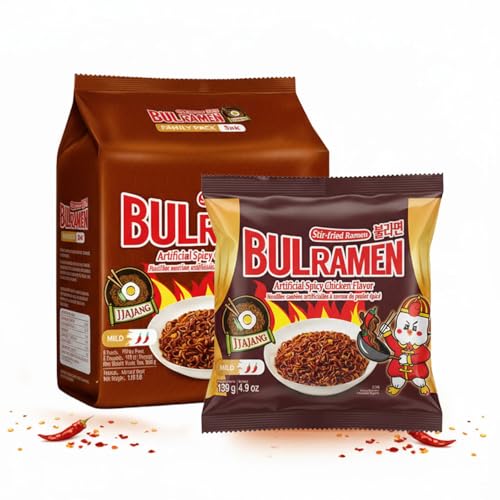 Korean Food Bulramen Stir-Fried Ramen Jjajang, Artificial Spicy Chicken Flavor, 5 Packs (4.9 oz...