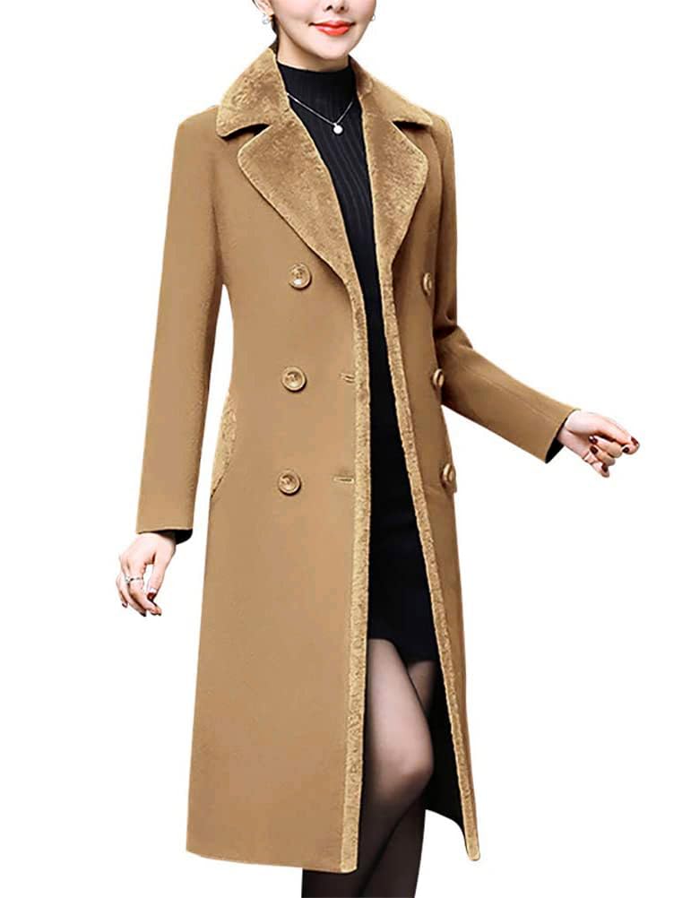 IDEALSANXUN Fur Collar Wool Coats for Women Double Breasted Long Peacoat Jackets