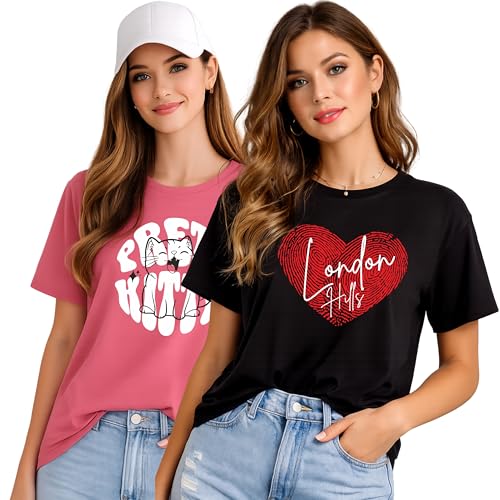 Image of London Hills Women's Loose Fit Printed Cotton T-Shirt Pack of 2 | Casual Round Neck Half Sleeve Graphic Tee | Breathable Summer Top for College, Travel & Outing