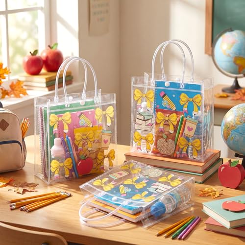 Image of Teenyyou 24 Pcs Back to School Clear Gift Bags with Handles, Cute Bow & Stationery Pattern PVC Gift Bags Reusable Goodie Container for Teacher Appreciation, Birthday Party, Classroom Rewards