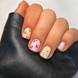 Vopintpy Summer Fruit Flower Press on Nails Short Square Fake Nails Watermelon Strawberry Lemon Acrylic Nails Cute Glossy Glue on Nails Reusable Stick on Nails for Women