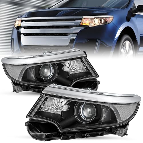 SOCKIR Headlight Assembly Fit for 2011 2012 2013 2014 Ford Edge [Halogen Type] Black Housing Projector Headlamp Replacement Passenger & Driver Side