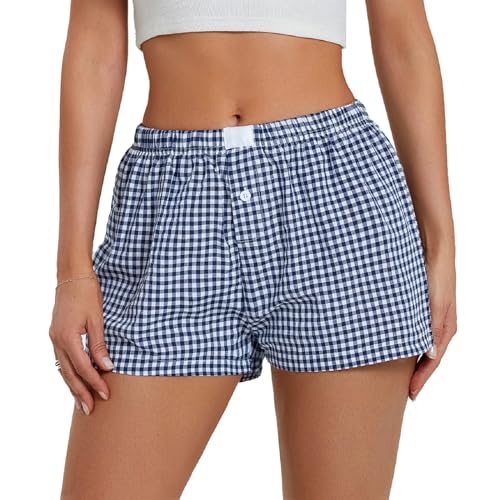 Image of Women Y2k Plaid Elastic Waisted Gingham Pajama Shorts Boxers Lounge Sleep Bottoms