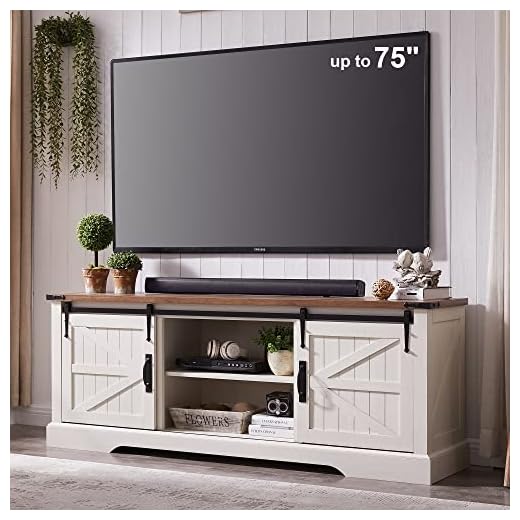 OKD Farmhouse TV Stand for 75 Inch TV with Sliding Barn Door, Rustic Wood Entertainment Center Large Media Console Cabinet Long Television Stands for 70 Inch TVs, Antique White