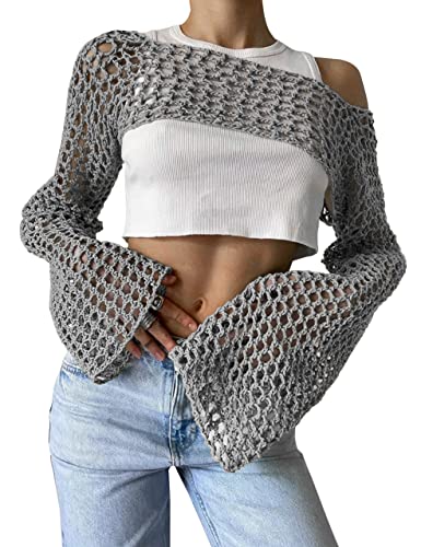 Image of PICPUNMAK Women Grunge Crochet Knit See Through Crop Top Cover Up Shrug Long Sleeve Crew Neck Casual Cropped Smock Tops Grey