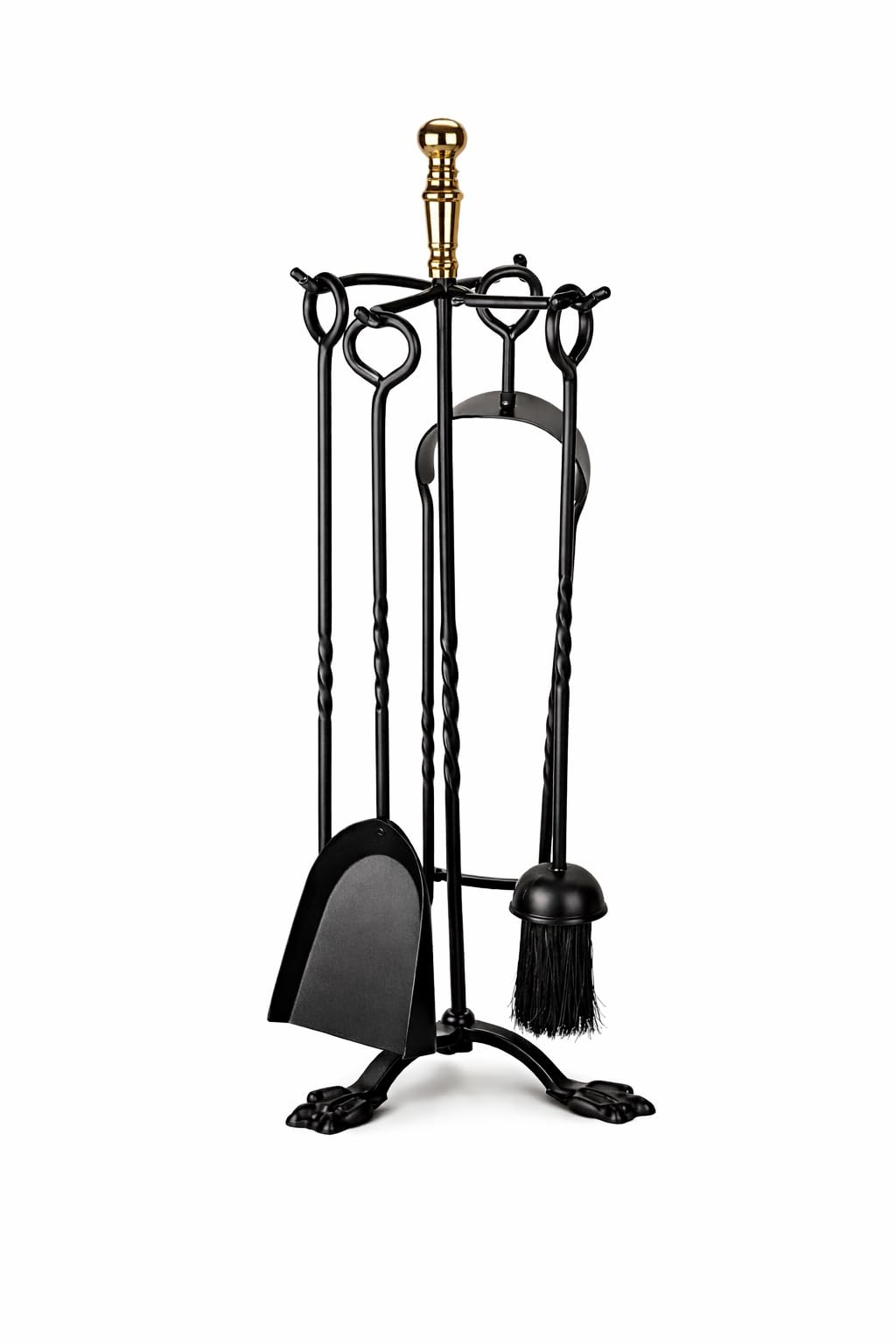 Brass & Black Fireplace Companion Set, 5 Piece Fireside Tool Set with Stand, Poker, Tongs, Brush & Shovel, Heavy Duty Steel