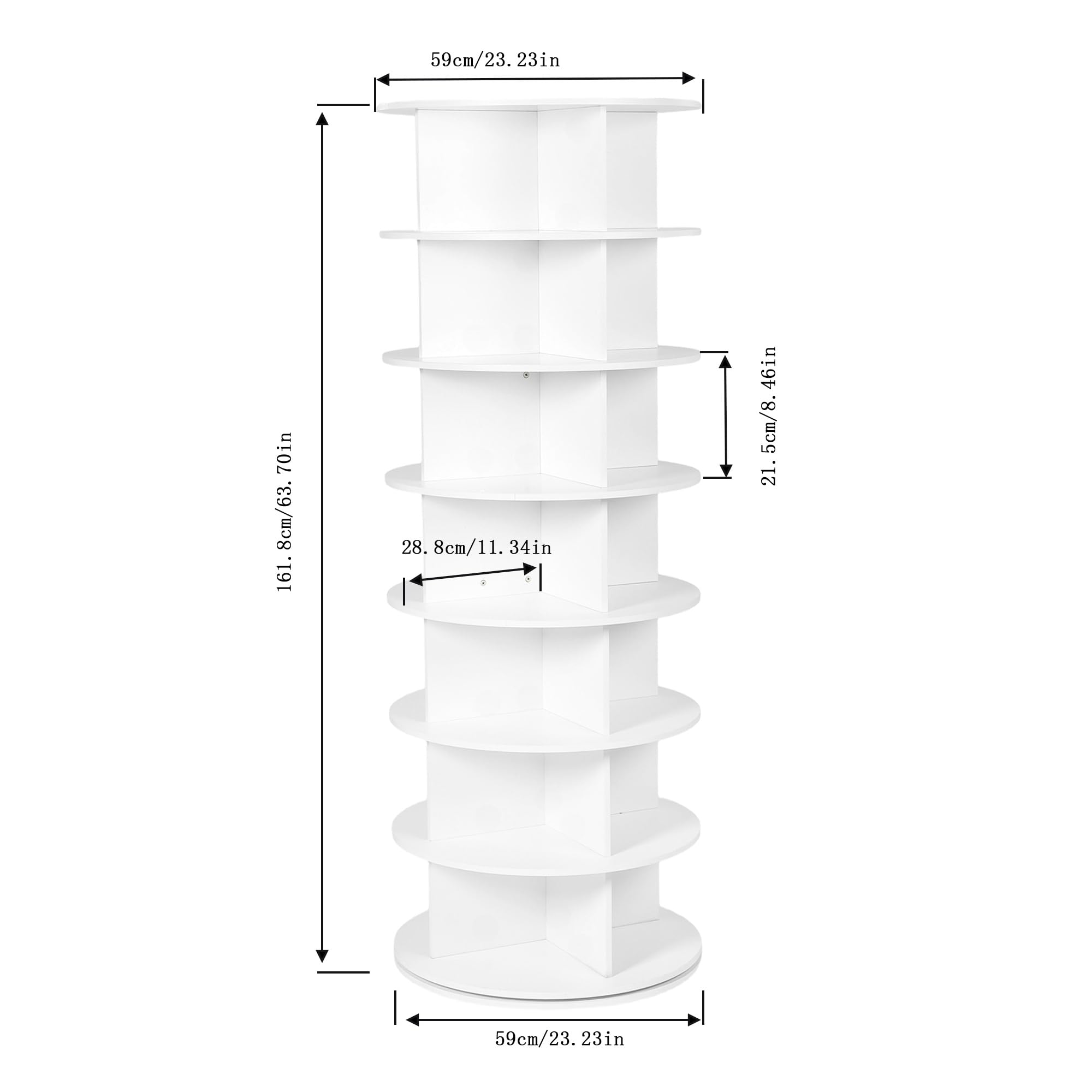 Zapatero Giratorio 7 Niveles, 360°Rotación, Vitrina Redonda de Gran Capacidad, Organizador Zapatos, Zapatero Interior Armario, Blanco, MDF, 160 x 59cm
