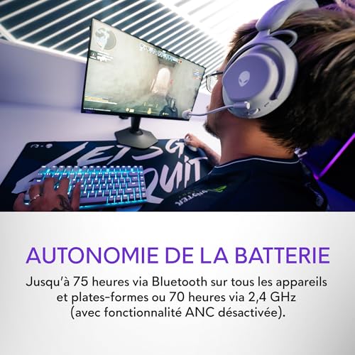 Alienware Pro Casque Gaming sans Fil – Haut-parleurs 50 mm en graphène, ANC Hybride, 75h d’autonomie, AI Micro, Alienware Command Center, Lunar Light