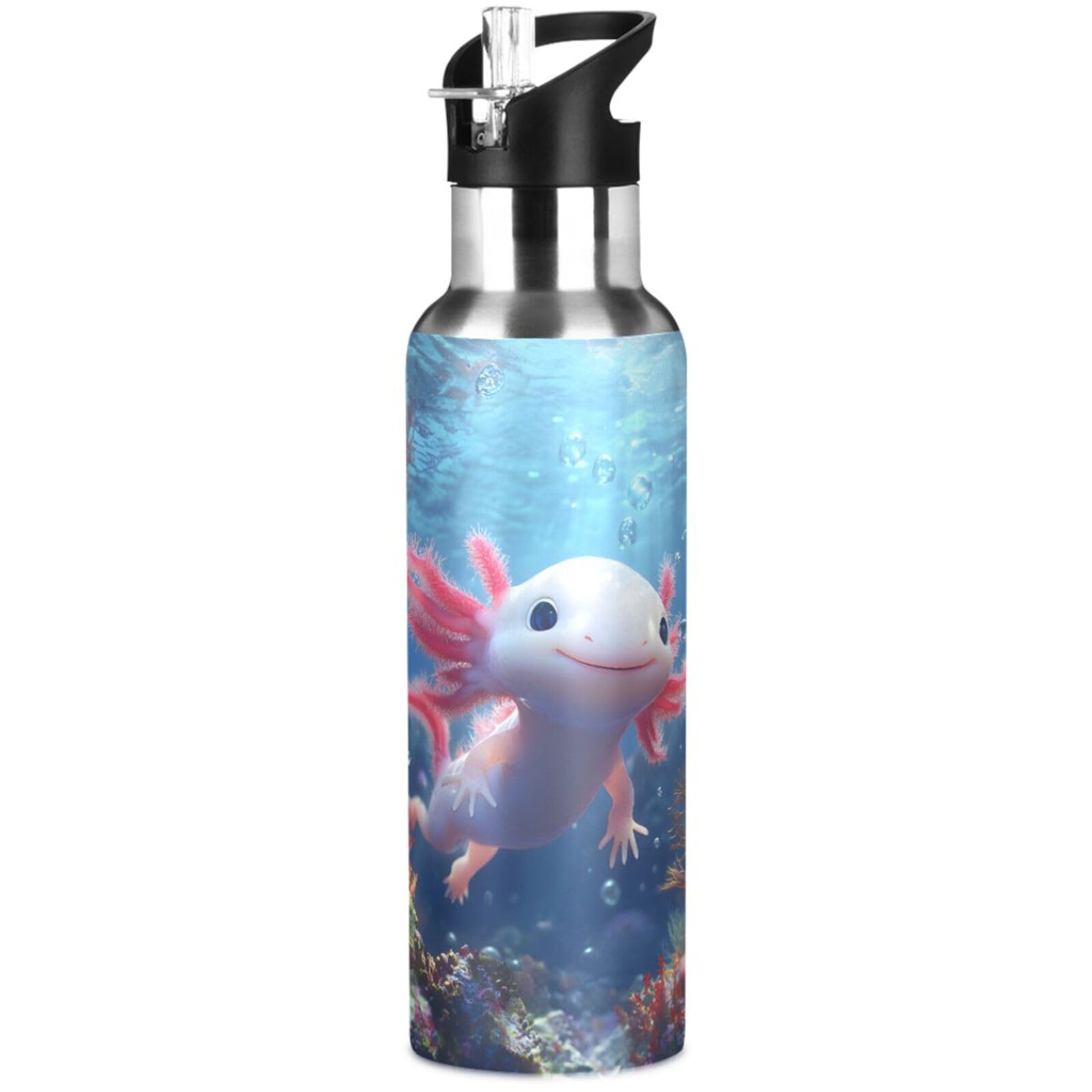 Adorable Ocean Animal Axolotl Water Bottle Kids Insulated Sports Vacuum Stainless Steel Mug with Straw Lid & Handle 20 oz