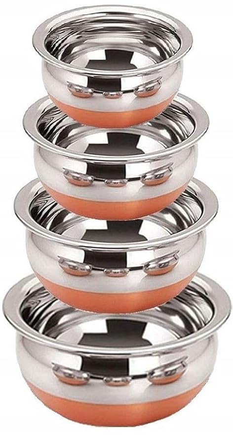 Strobine New Designer Fancy and Stylish Unique Set of 4 Stainless Steel Copper Bottom Round Pot Handi/Serving Pieces Combo Set Pot Pan/Cookware Set/Cooking Bowl, Tope, Patila, Kadhai