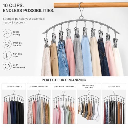 Image of Vastra Leggings Organizer for Closet, Metal Pants Hanger with 10 Rubber Coated Clips, Space Saving Wardrobe Organizer for Leggings, Jeans, Scarves, Dupattas, Towels & Baby Clothes (1, Grey)