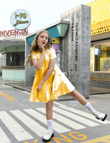 Girls Metallic Dress Kids Sparkly Shiny Dresses Short Sleeve Twirl Swing Dresses4