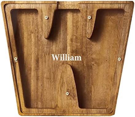 Personalized Letters Wooden Piggy Bank for Boys and Girls, A-Z Letters Coin Bank Money Box with Clear Alphabet Stickers, Money Saving Bank For Family Christmas Birthday Gift Home DIY Decoration