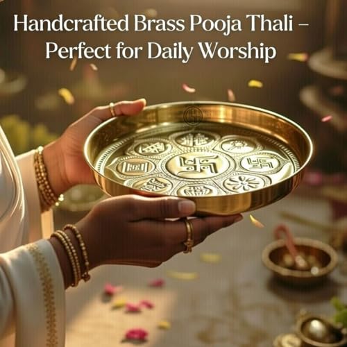 Image of DSH Pure Brass Puja Thali Plate With Embossed Design 8 Inch Best For Home Office Mandirtemple Weddings Diwali Spiritual Gift Item.(Pt-Br-Swastik-8K)
