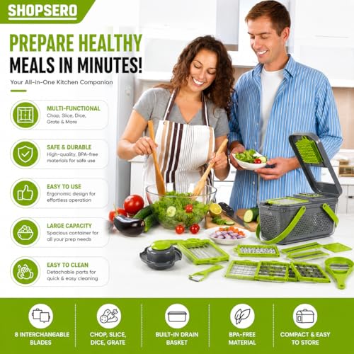 Image of 22 in 1 Vegetable Chopper with Container & Interchangeable Blades | Manual Vegetable Cutter, Onion Chopper & Vegetable Slicer | Multipurpose Food Dicer with Hand Protector | Kitchen Chopper