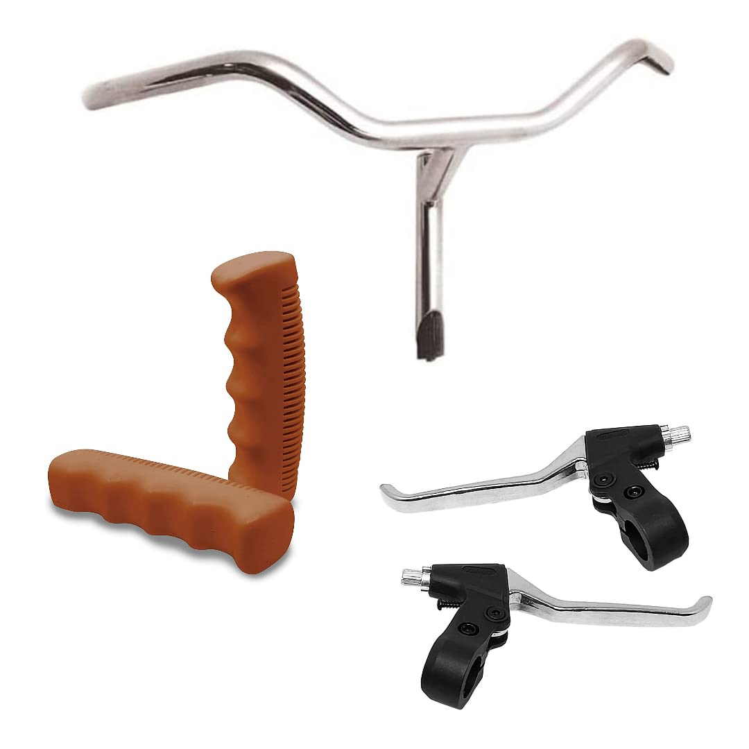 MANUBRIO CROMATO IN ACCIAIO+COPPIA LEVE FRENO + COPPIA MANOPOLE MARRONE- BICICLETTA