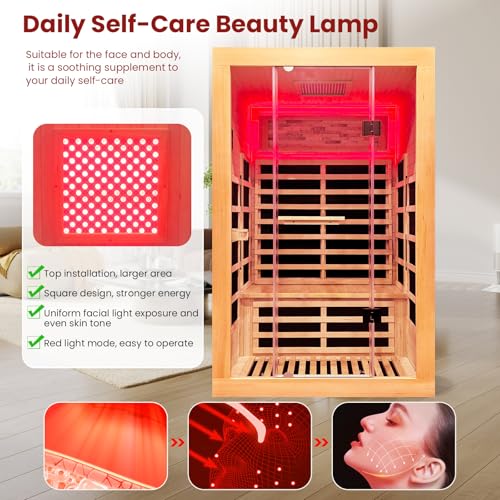 Image of OUTEXER Infrared Sauna 2000W Wooden Saunas Home Spa Room Canadian Hemlock Wood Low-EMF Indoor Saunas with with Red Light Beauty Lamp for Two Person 74.8 * 47.2 * 41.3Inch