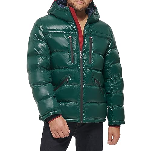 Image of Tommy Hilfiger Mens Tommy Hilfiger Men's Shiny Midweight Logo Puffer