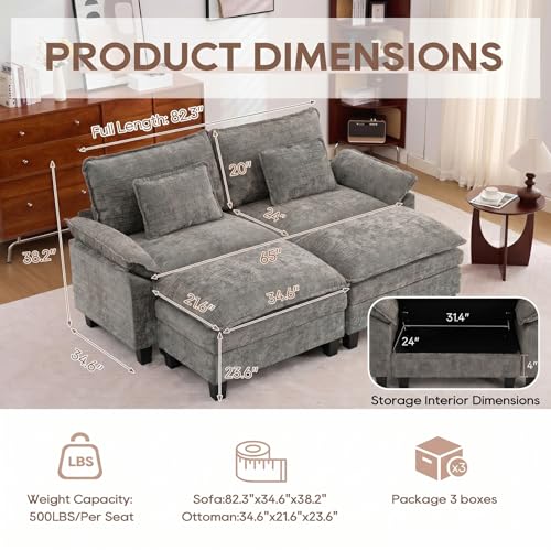 Image of IPKIG 82.3 inch Modular Cloud Couch with Storage, U Shaped Sectional Sofa with Ottoman & Pillow, Chenille Deep Seat Sectional Couches for Living Room, Apartment, Grey