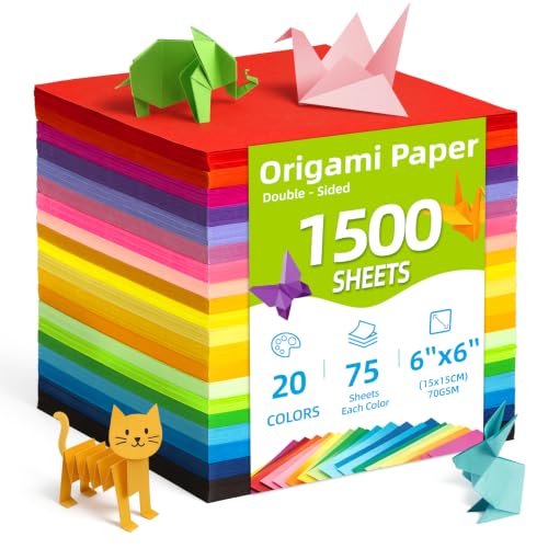 Umikk Origami Paper 6x6 Inch 1500 Sheets 20 Vivid Colors Origami Paper Bulk Origami Kit for Kids Ages 8-12 Double Sided Same Color Square Paper for DIY Arts & Crafts School Projects