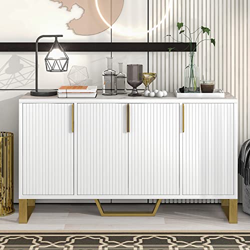 P Purlove Modern Sideboard, Simple And Luxury Style Sideboard With Gold Metal Legs And Handles, Particle Board And Mdf Board Cabinet With 4 Doors And Adjustable Shelves (White) #TOP12